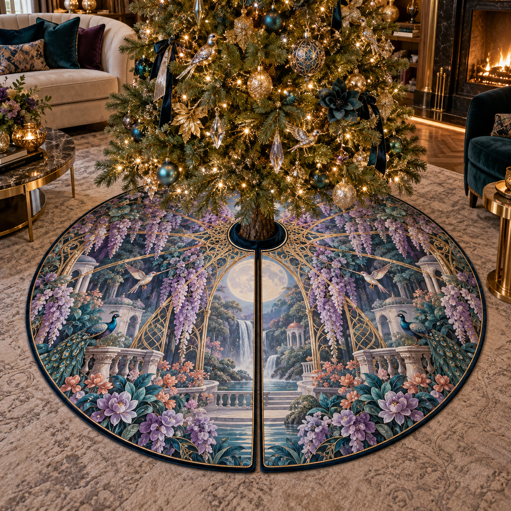 One tree skirt with an original Wisteria Opal Moon Salon, waterfall blooms, circular moon gate and jewel-toned living-room depth.