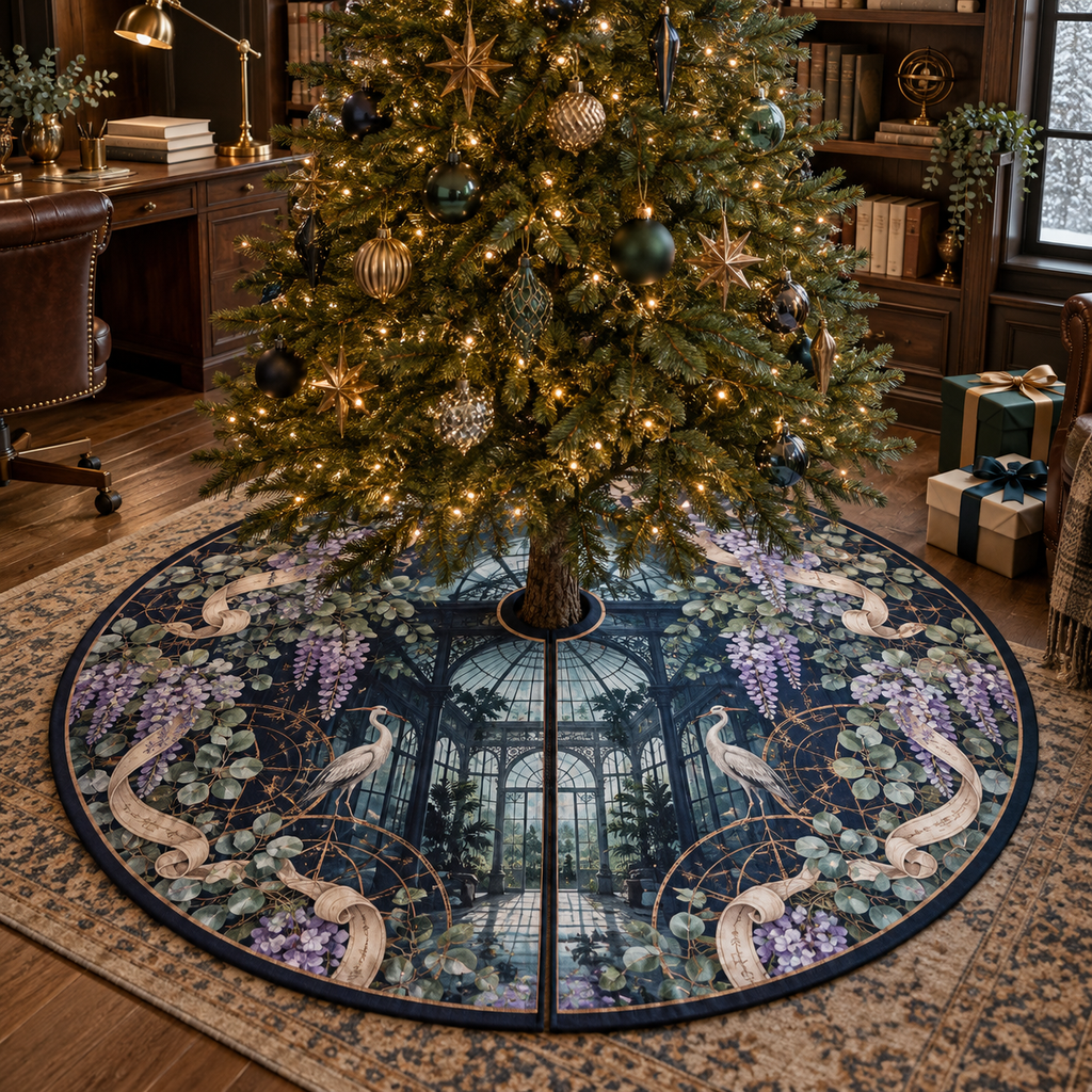One tree skirt with an original Wisteria Glasshouse Study, lilac cascades, copper drafting arcs and sunlit office depth.