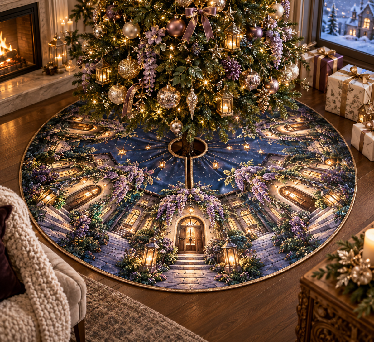 One tree skirt with an original Wisteria Welcome Lantern House, glowing doorway, cascading lilac blooms and warm new-home depth.