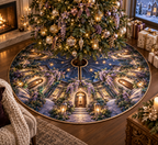 One tree skirt with an original Wisteria Welcome Lantern House, glowing doorway, cascading lilac blooms and warm new-home depth.