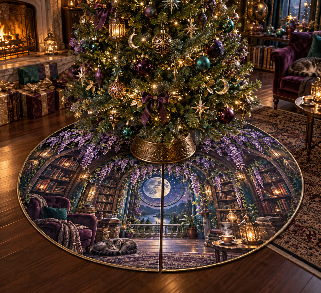 One tree skirt with an original Wisteria Moonlit Reading Alcove, curved bookshelves, lavender cascades and warm moonlit depth.