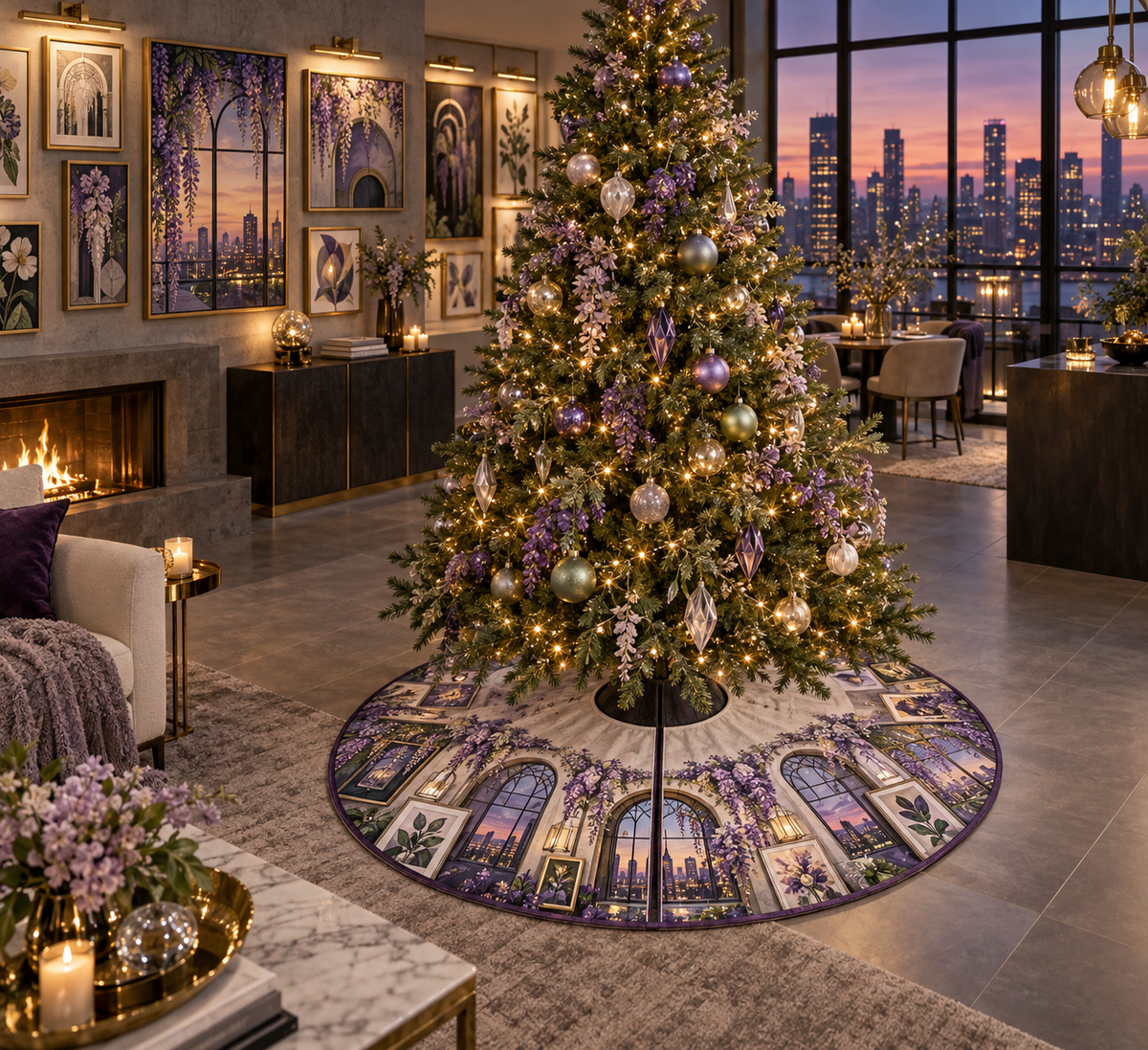 One tree skirt with an original Wisteria Prism Loft Gallery, layered botanical frames, opal windows and city-dusk depth.