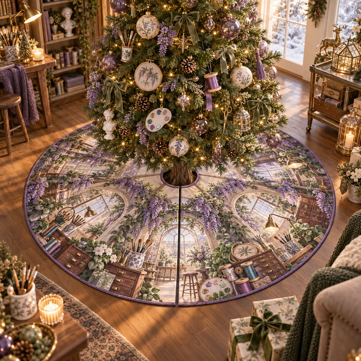 One tree skirt with an original Wisteria Maker Atelier Arch, layered maker tools, greenhouse skylights and studio depth.