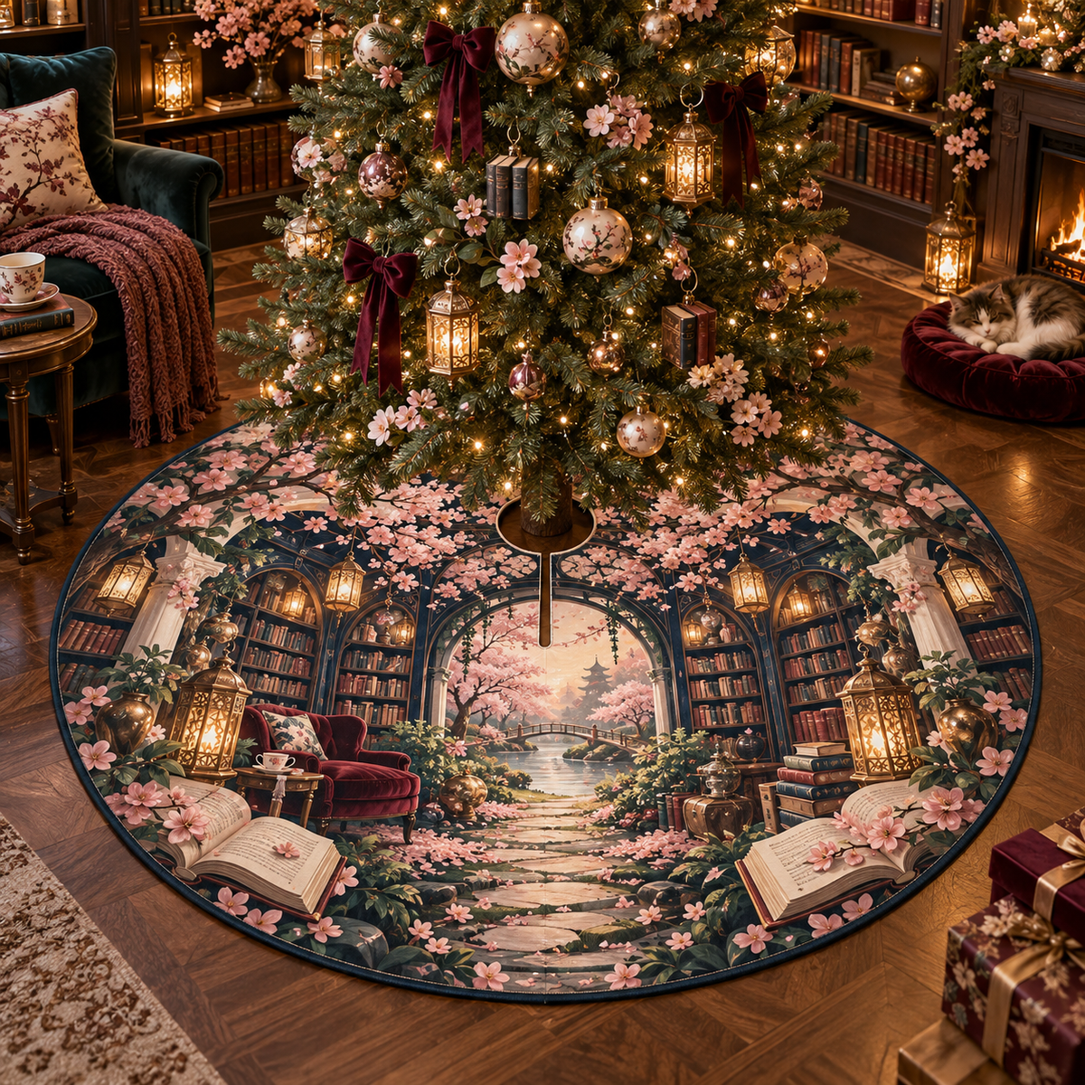 One tree skirt with an original Sakura Lantern Library Alcove, layered shelves, blossom path and reading depth.