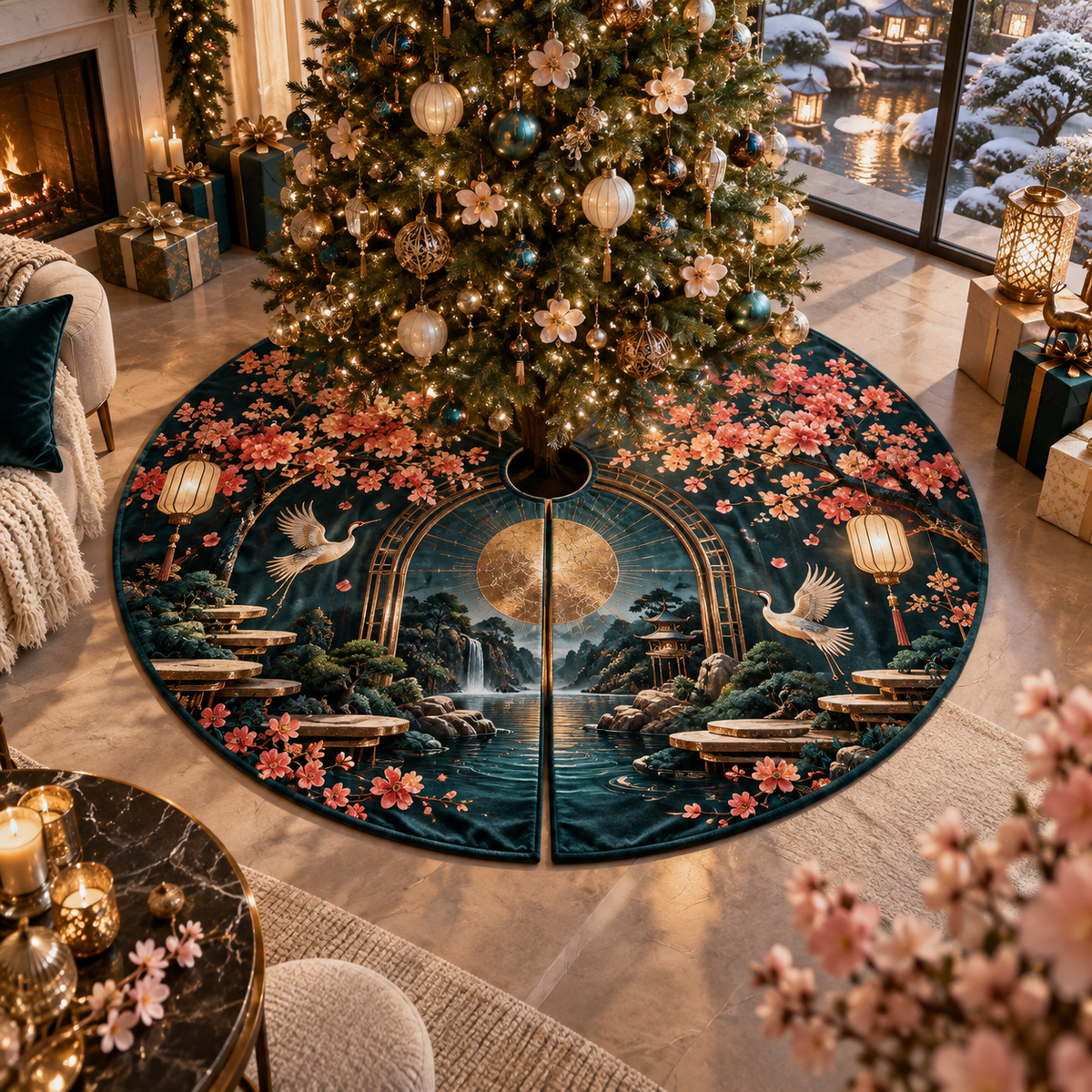 One tree skirt with an original Sakura Kintsugi Sunroom Gallery, layered portals, coral blossoms and living-room depth.