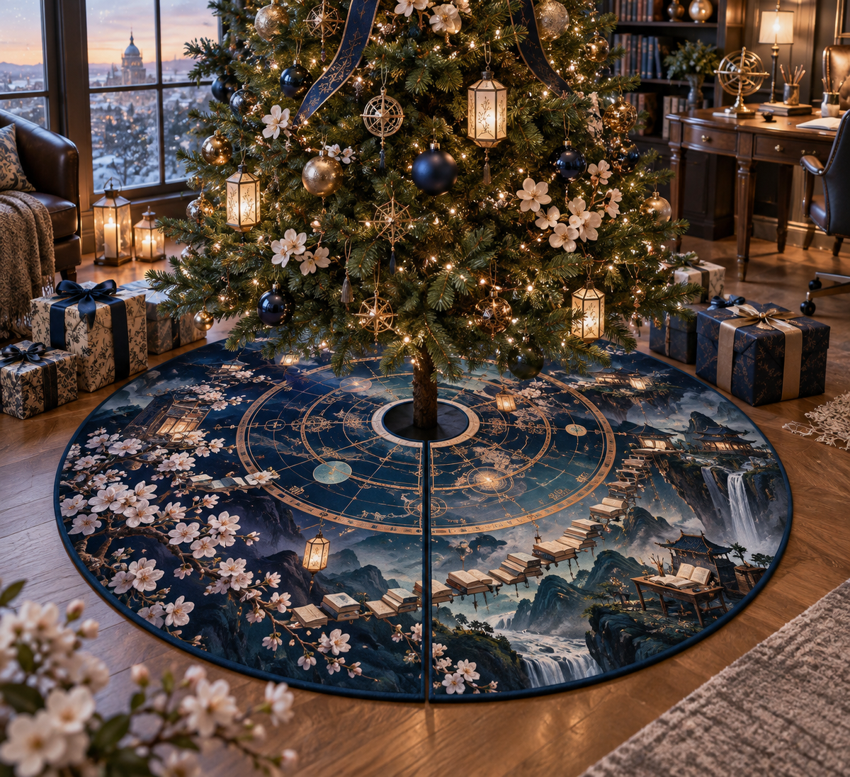 One tree skirt with an original Sakura Astrolabe Study Window, copper rings, floating books and home-office depth.