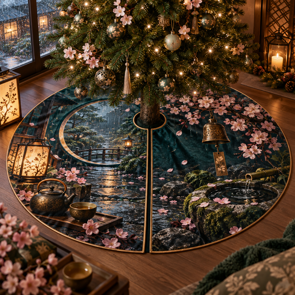 One tree skirt with an original Sakura Rainlight Tea Nook, crescent windows, lanterns and rainy-garden depth.