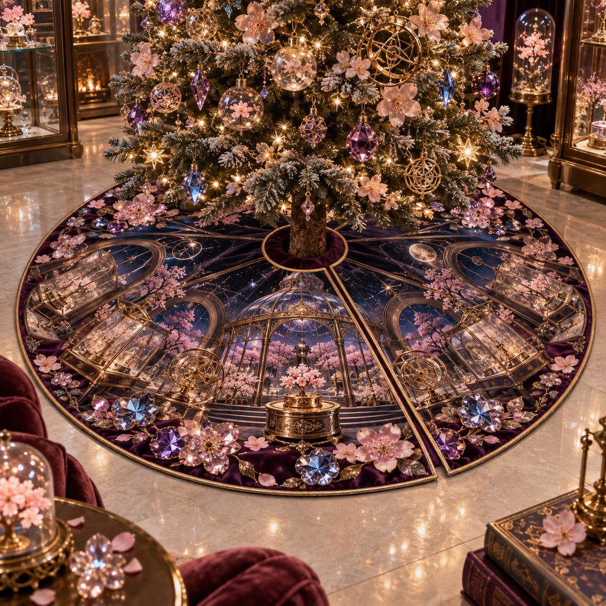 One tree skirt with an original Sakura Birthstone Curio Conservatory, jeweled blossoms, orrery rings and collector-gallery depth.