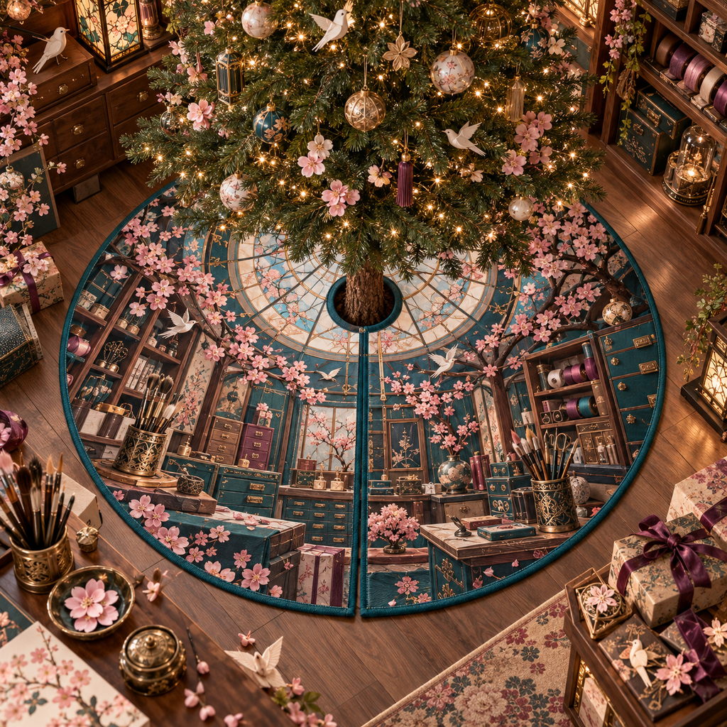 One tree skirt with an original Sakura Maker Atelier, lacquer cabinets, studio tools and skylit-workshop depth.