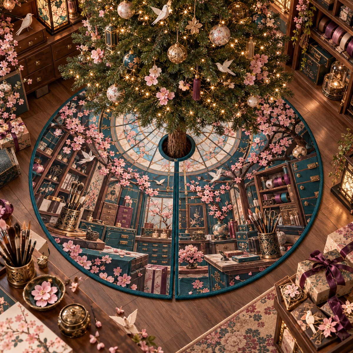 One tree skirt with an original Sakura Maker Atelier, lacquer cabinets, studio tools and skylit-workshop depth.