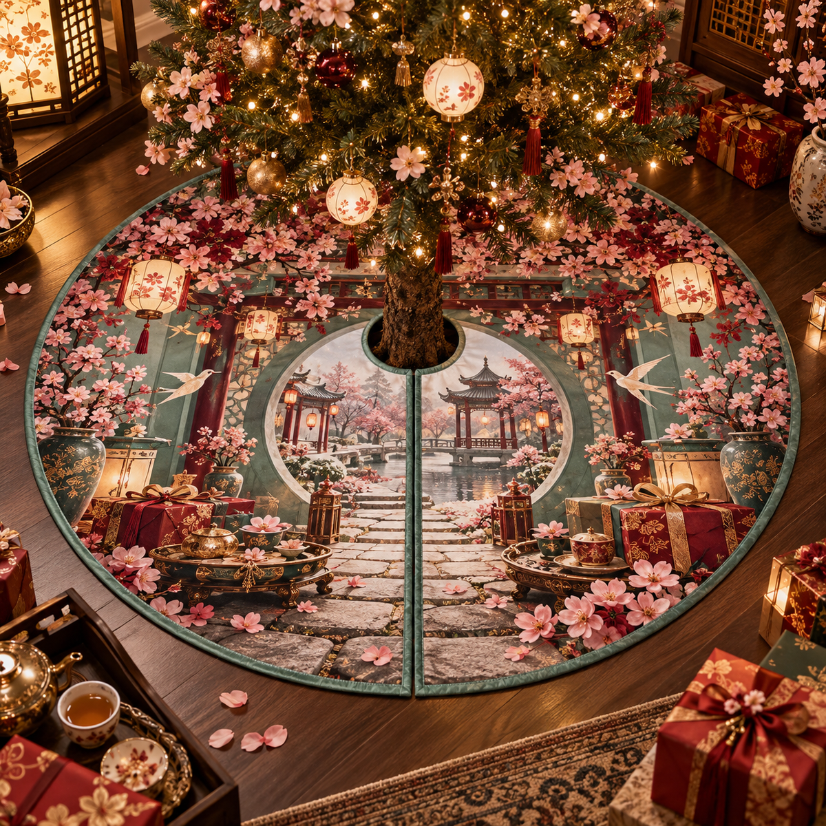 One tree skirt with an original Sakura Welcome Lantern Courtyard, hospitality gifts, opal lanterns and deep garden paths.