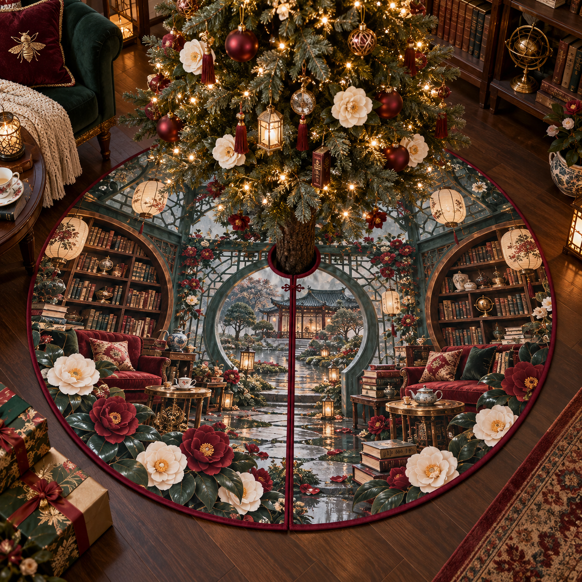 One tree skirt with an original Camellia Moonwindow Reading Conservatory, tea garden, books and rainlit depth.