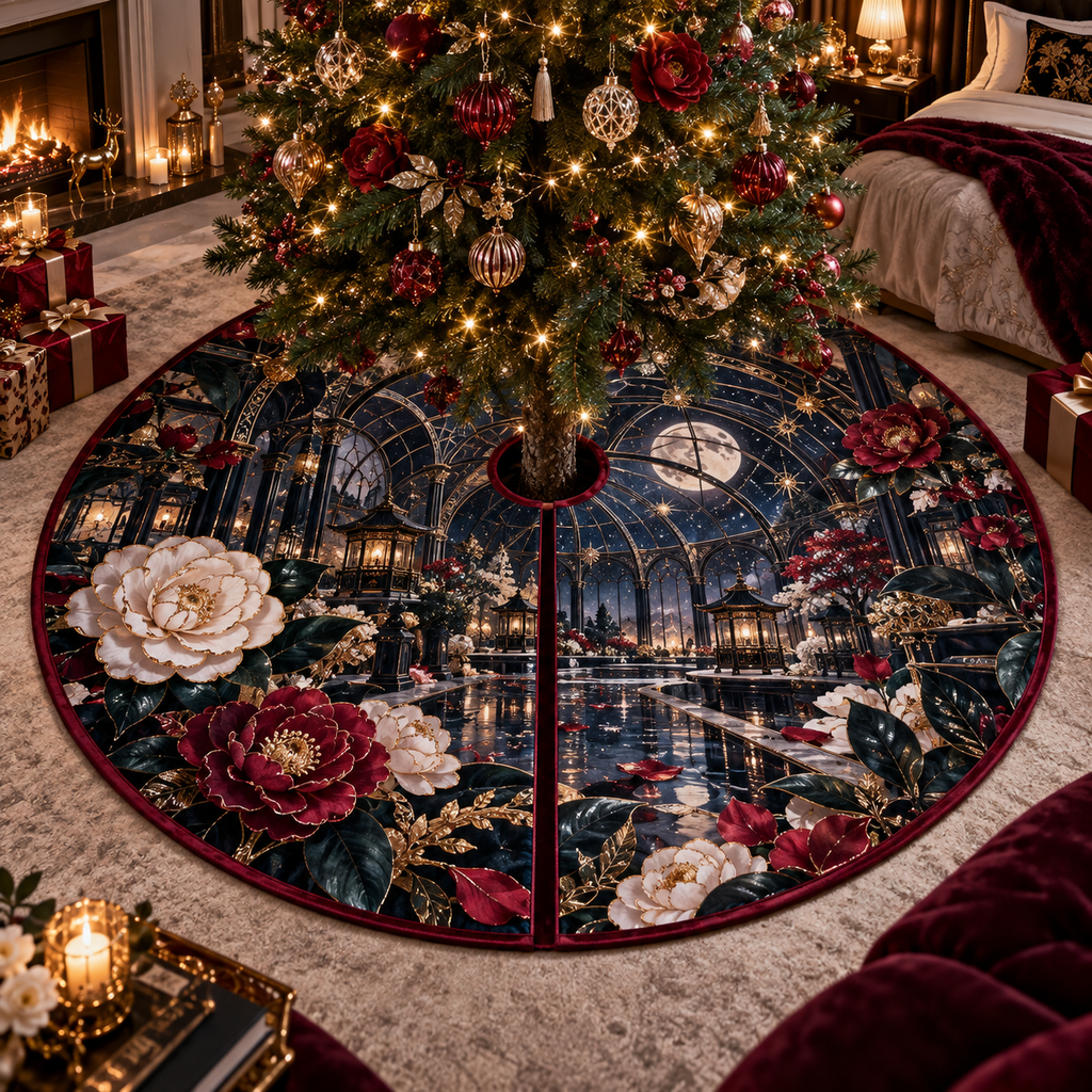 One tree skirt with an original Camellia Nocturne Glasshouse, monumental flowers, rose-gold arches and moonlit reflecting depth.