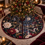 One tree skirt with an original Camellia Nocturne Glasshouse, monumental flowers, rose-gold arches and moonlit reflecting depth.