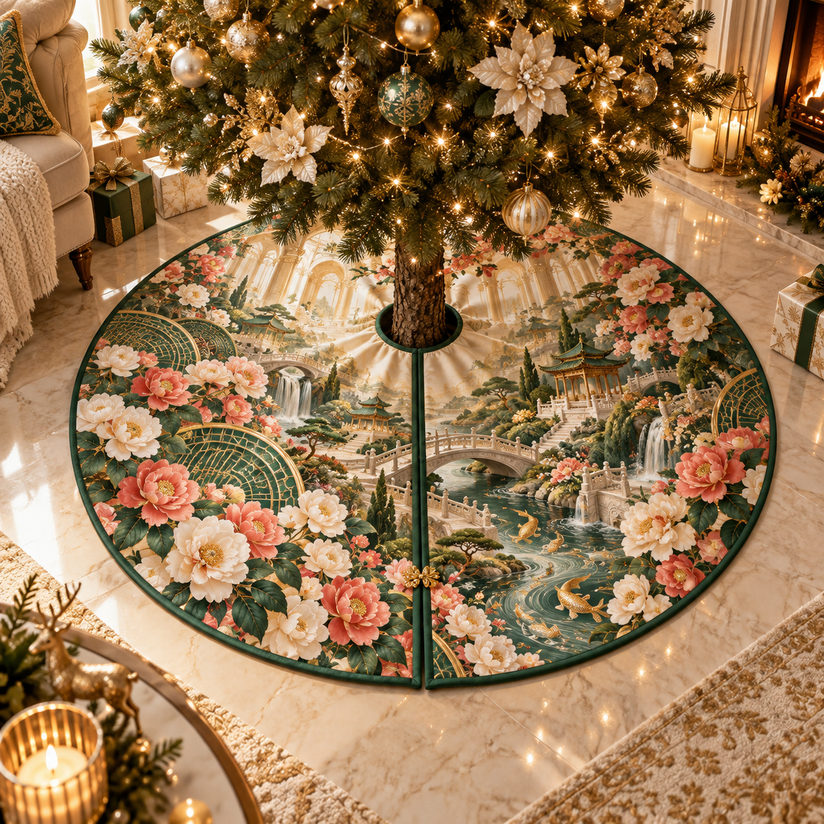 One tree skirt with an original Camellia Jade Cascade Salon, monumental flowers, jade fan screens and luminous garden depth.