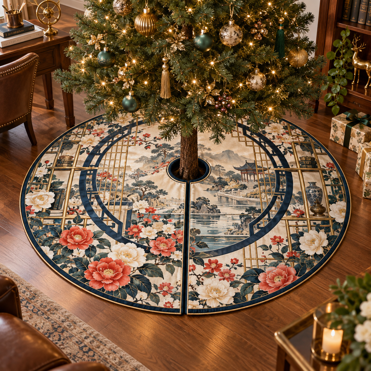 One tree skirt with an original Camellia Scholar Window Atrium, monumental flowers, ink-indigo windows and luminous garden depth.