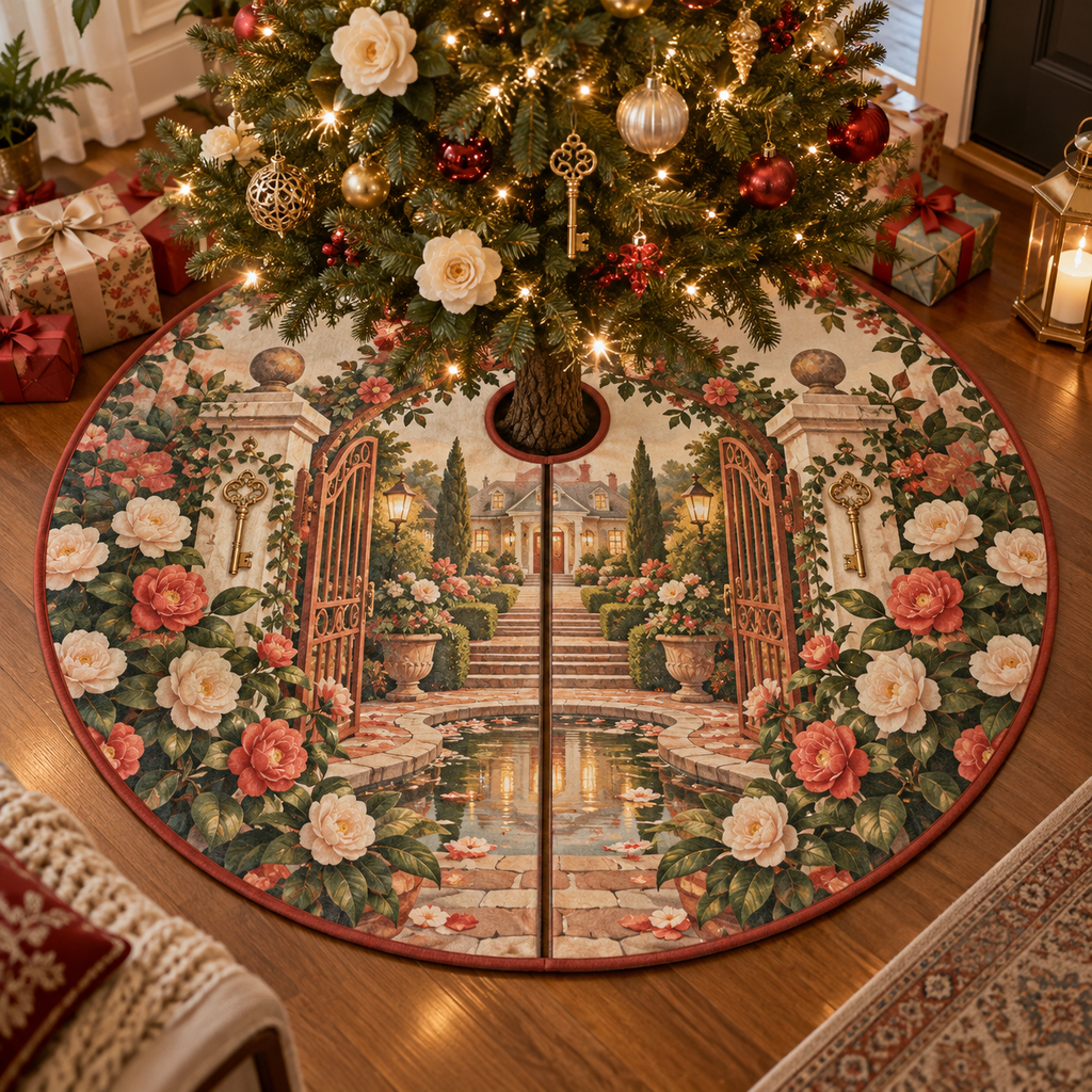 One tree skirt with an original Camellia Hearthgate Welcome Garden, monumental flowers, key arches and luminous new-home depth.