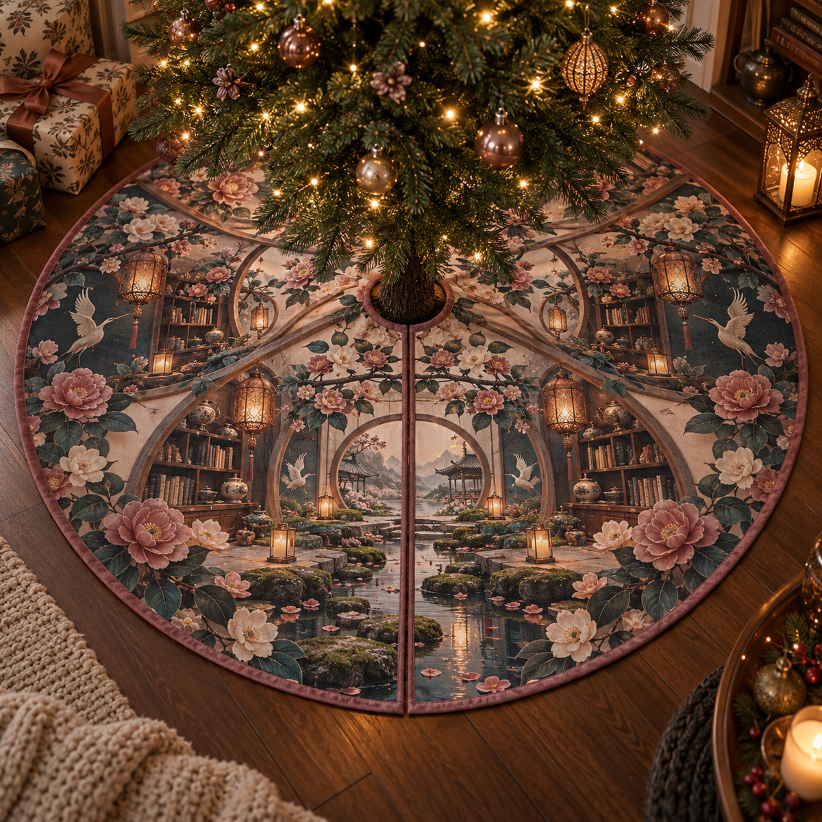 One tree skirt with an original Camellia Whispering Lantern Nook, layered tea alcove, camellias and luminous quiet-corner depth.
