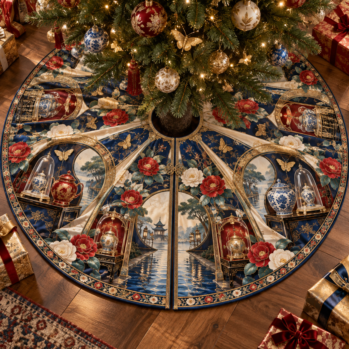 One tree skirt with an original Camellia Porcelain Cabinet Jubilee, rare tea vessels, glass domes and luminous collector-garden depth.