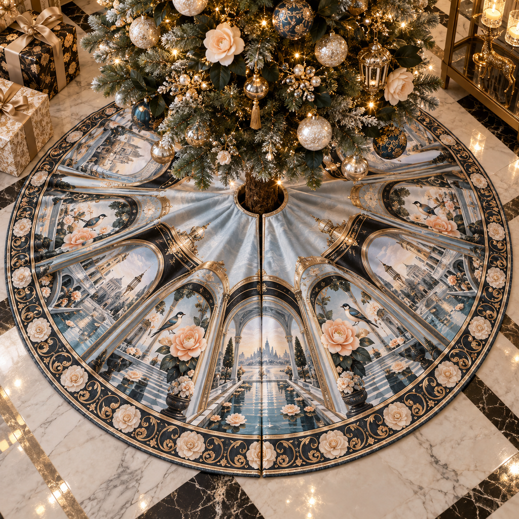 One tree skirt with an original Camellia Floating Gallery Arcade, floating frames, bird panels and luminous apartment depth.