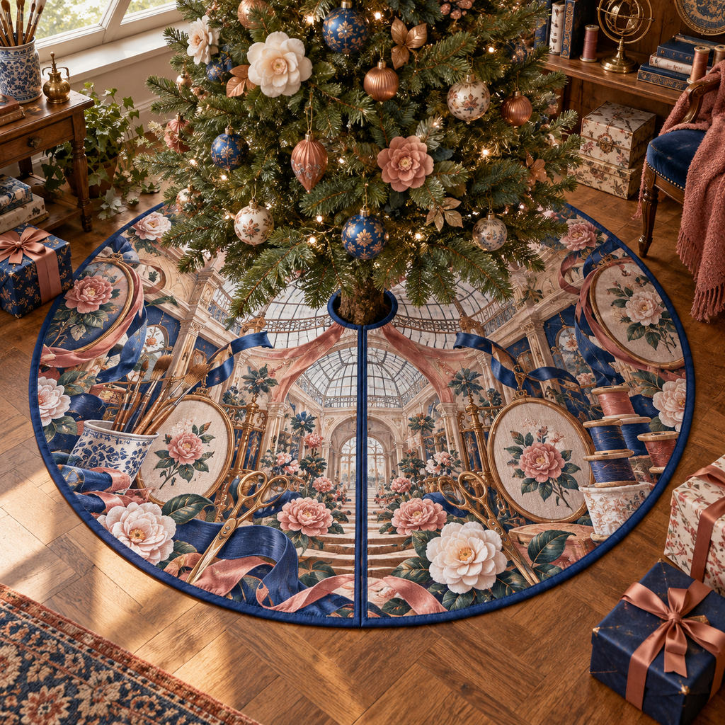 One tree skirt with an original Camellia Maker Atelier Atrium, maker tools, camellias and luminous studio depth.