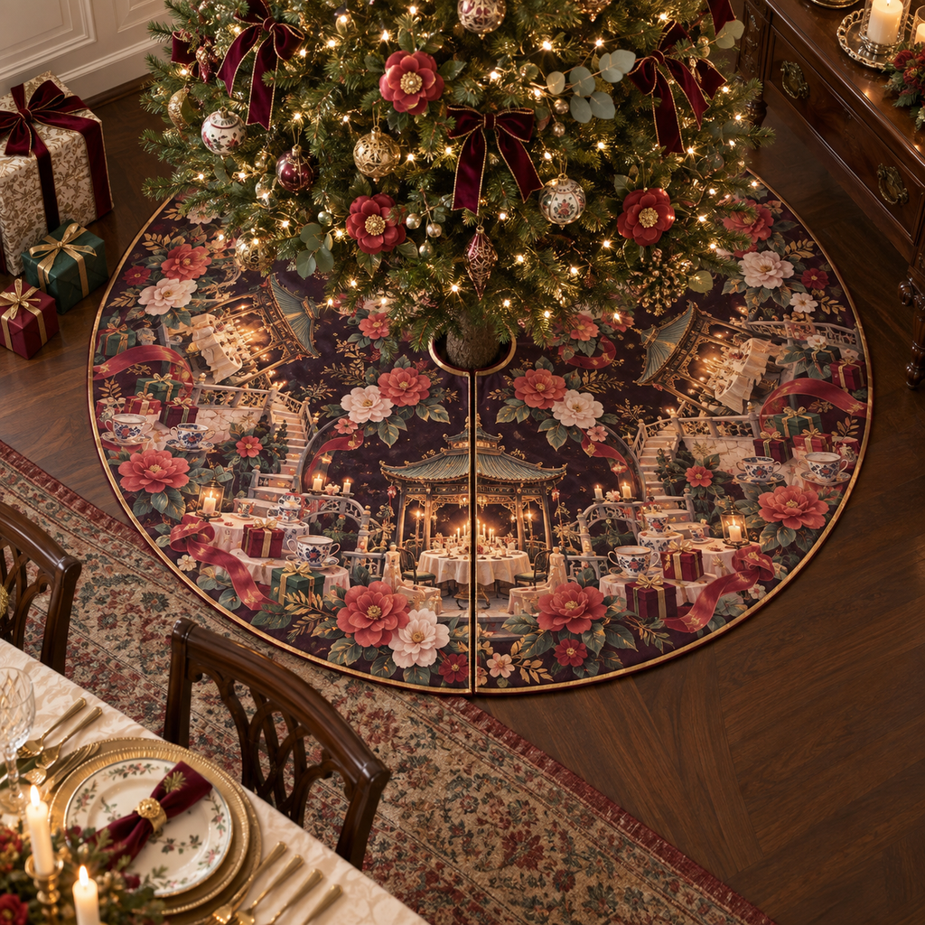 One tree skirt with an original Camellia Gracious Supper Pavilion, candlelit tea terraces, gifts and deep garden perspective.