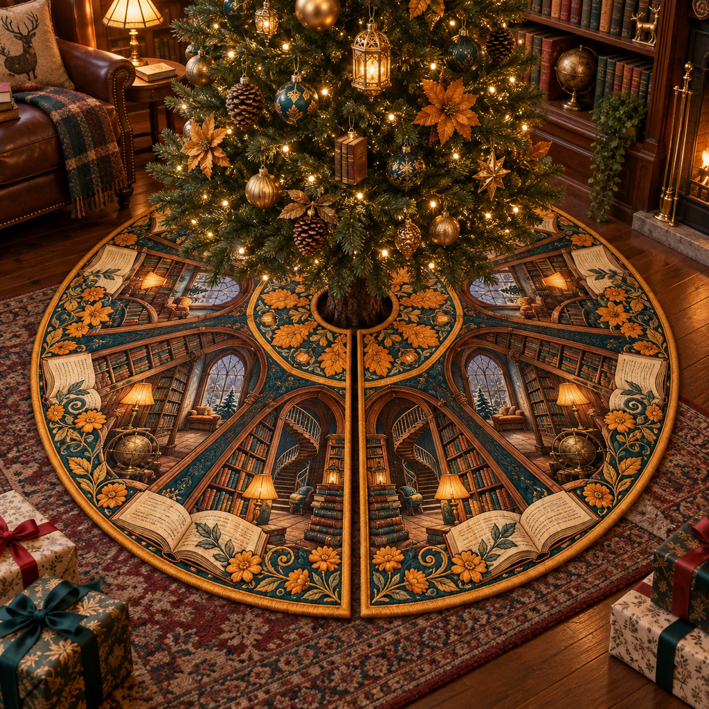 One tree skirt with an original Marigold Lanternleaf Library, open-book portals, spiral stacks and deep reading-nook perspective.