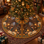 One tree skirt with an original Marigold Lanternleaf Library, open-book portals, spiral stacks and deep reading-nook perspective.