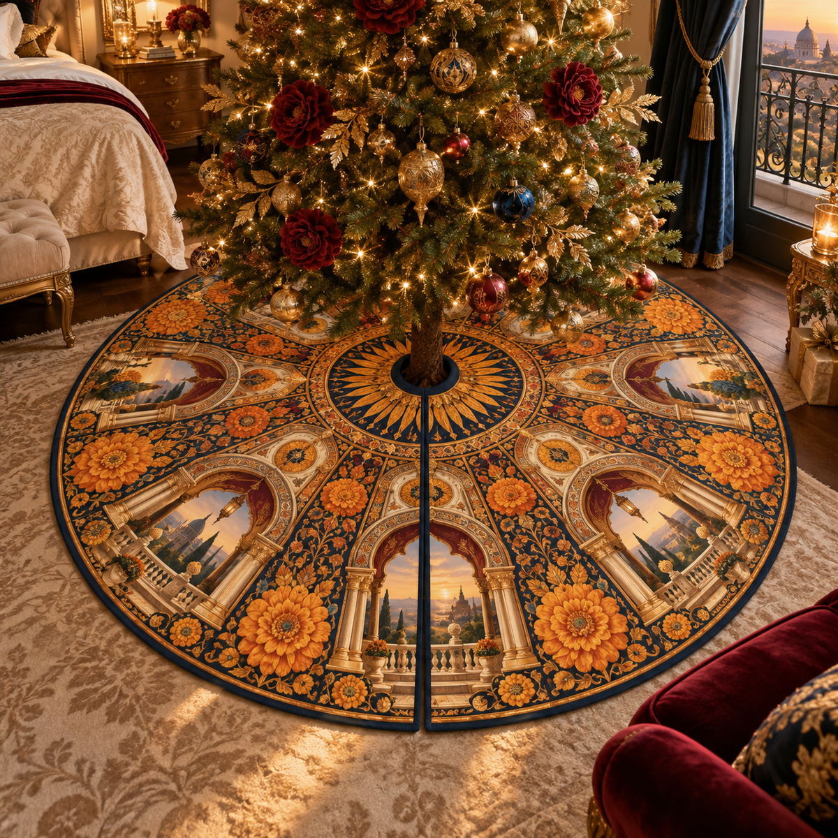 One tree skirt with an original Marigold Sunvault Canopy, sunburst medallions, mirrored niches and deep balcony perspective.
