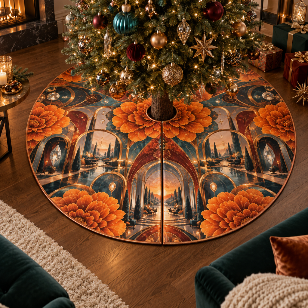 One tree skirt with an original Marigold Prism Salon, jewel arches, brass rings and deep conversation-terrace perspective.