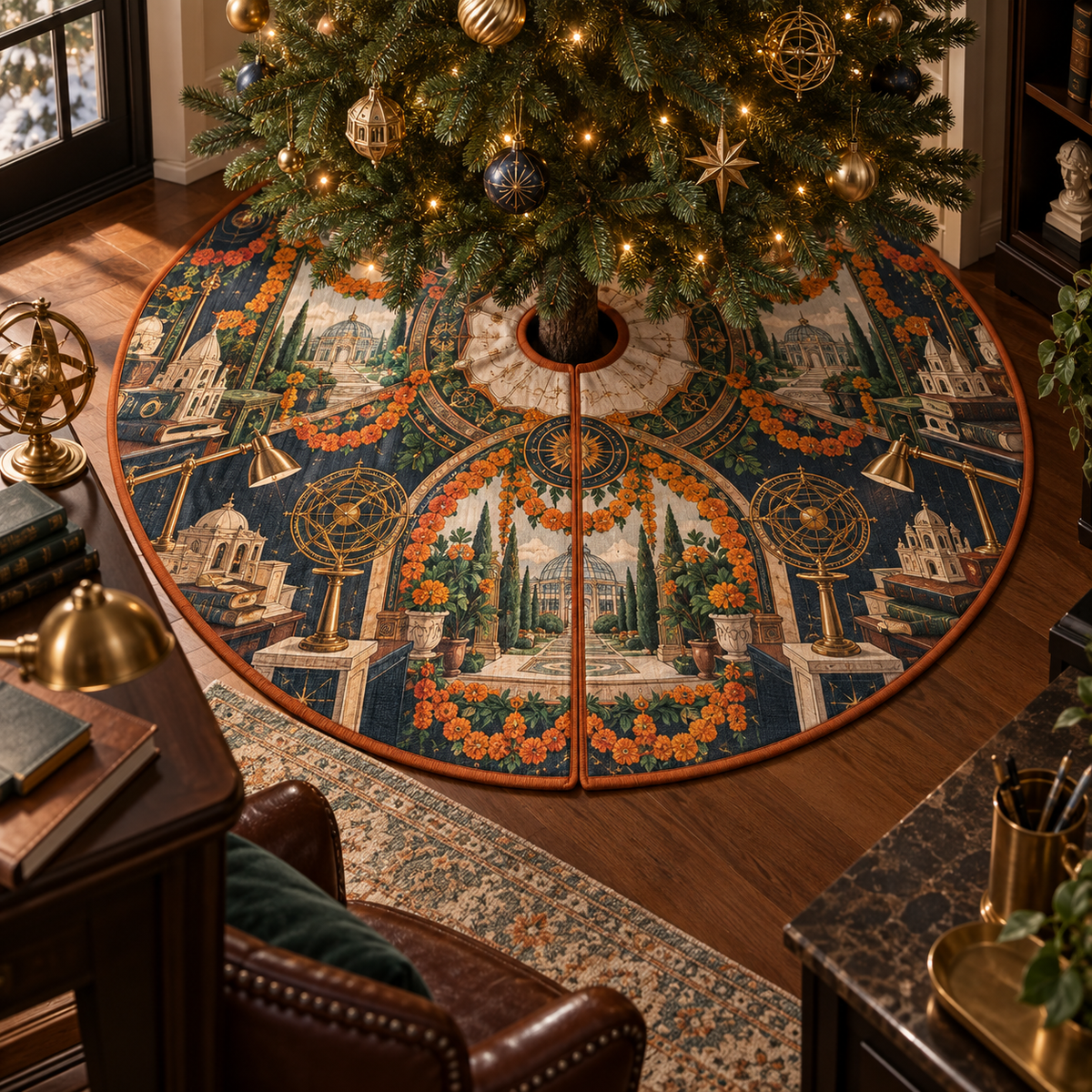 One tree skirt with an original Marigold Meridian Studio, brass orreries, architectural models and deep conservatory perspective.