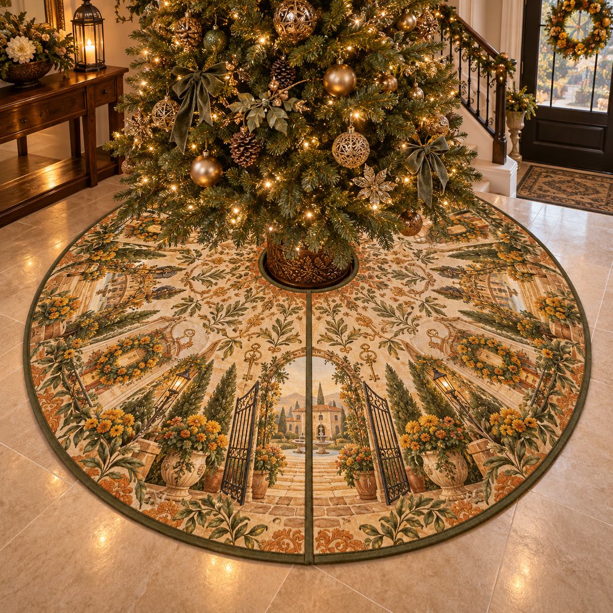 One tree skirt with an original Marigold Hearthkey Courtyard, marigold garlands, garden gates and lantern-lit depth.