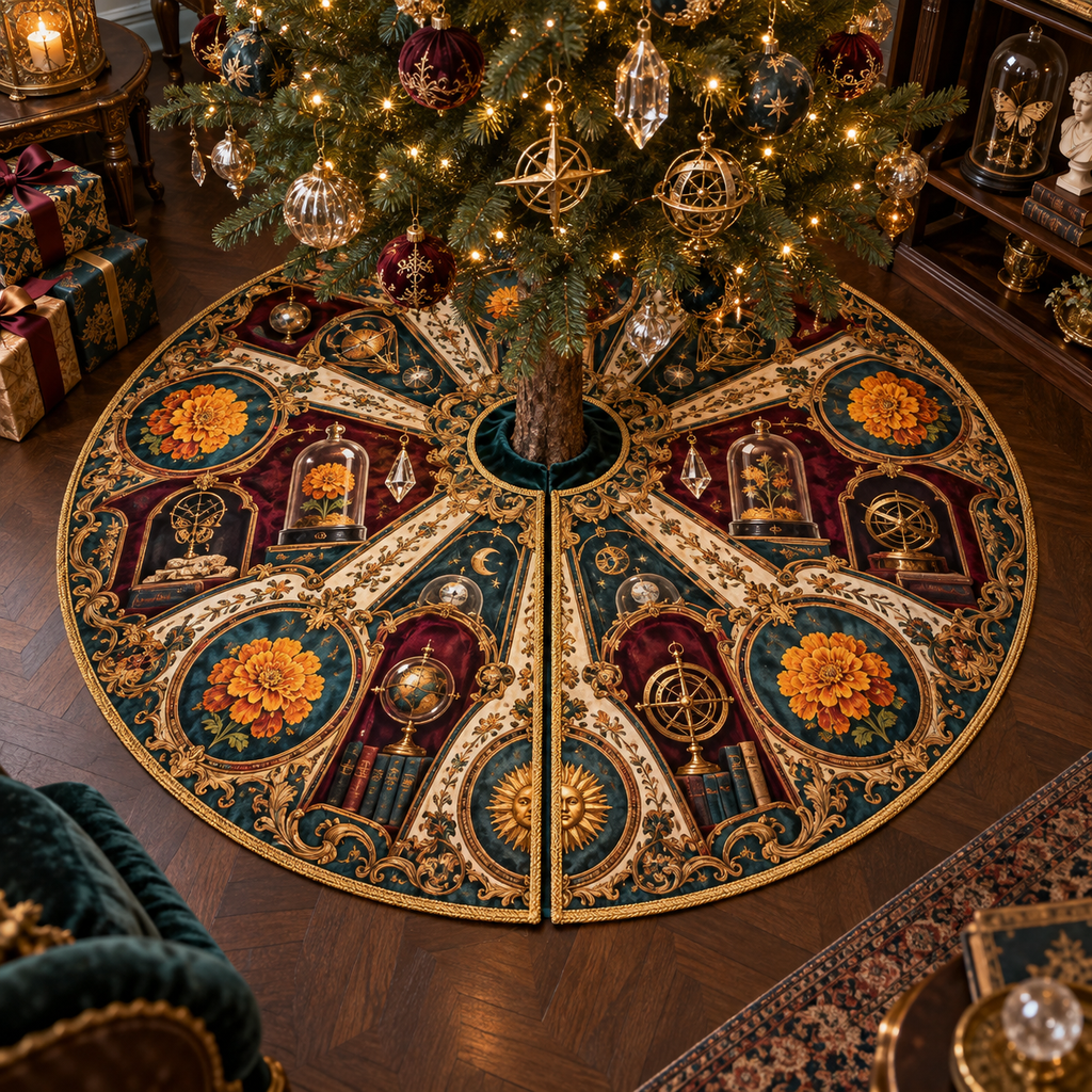 One tree skirt with an original Marigold Gilded Curio Jubilee, bell jars, brass astrolabes and jewel-lit gallery depth.