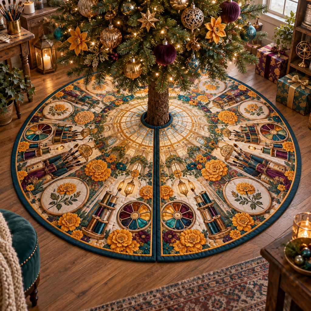 One tree skirt with an original Marigold Prismcraft Atelier, maker tools and luminous studio depth.