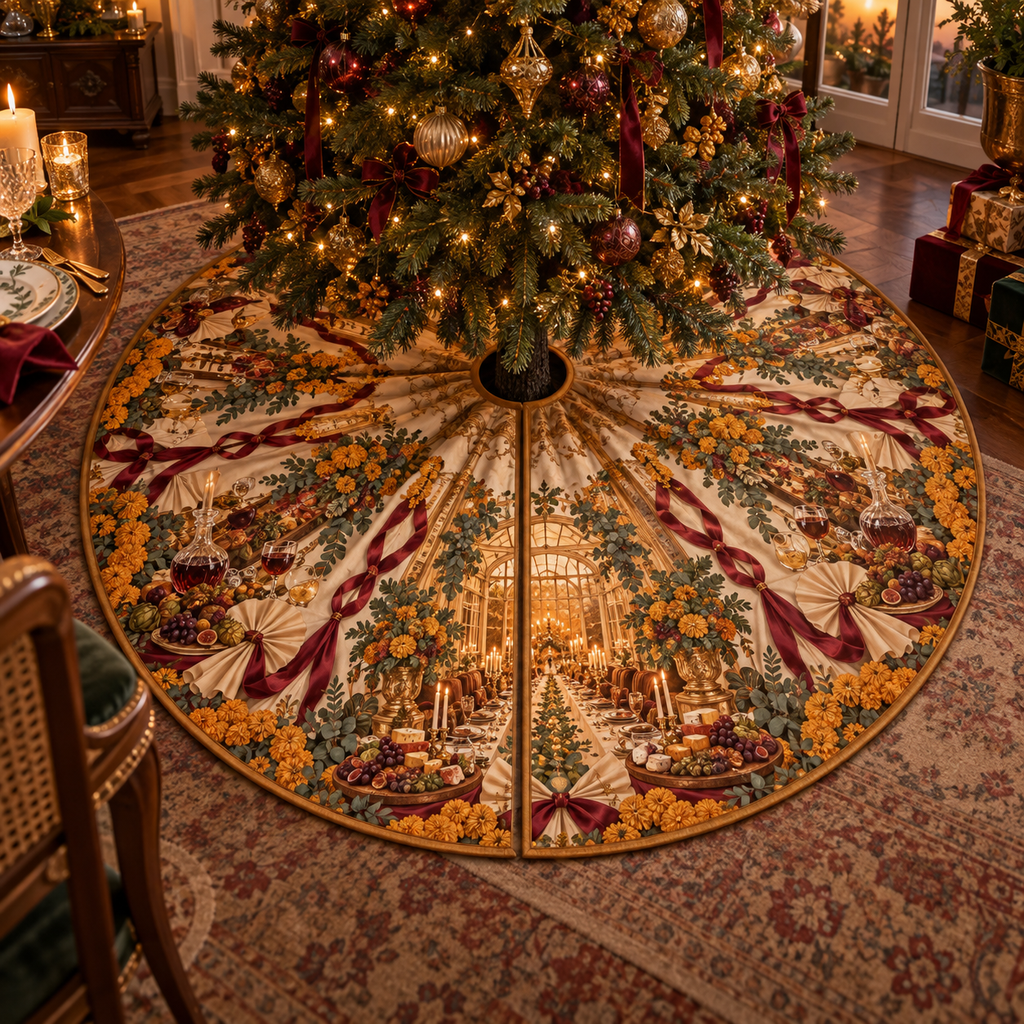 One tree skirt with an original Marigold Ribboned Supper Pavilion, host tablescape and glowing orangerie depth.