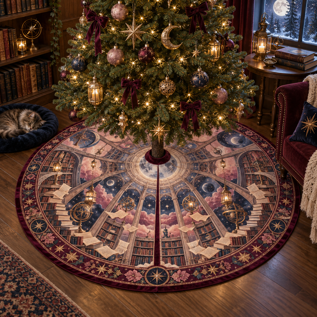 One tree skirt with an original Cosmos Starleaf Reading Arcade, moonlit bookshelves and layered floral depth.