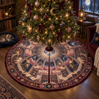 One tree skirt with an original Cosmos Starleaf Reading Arcade, moonlit bookshelves and layered floral depth.