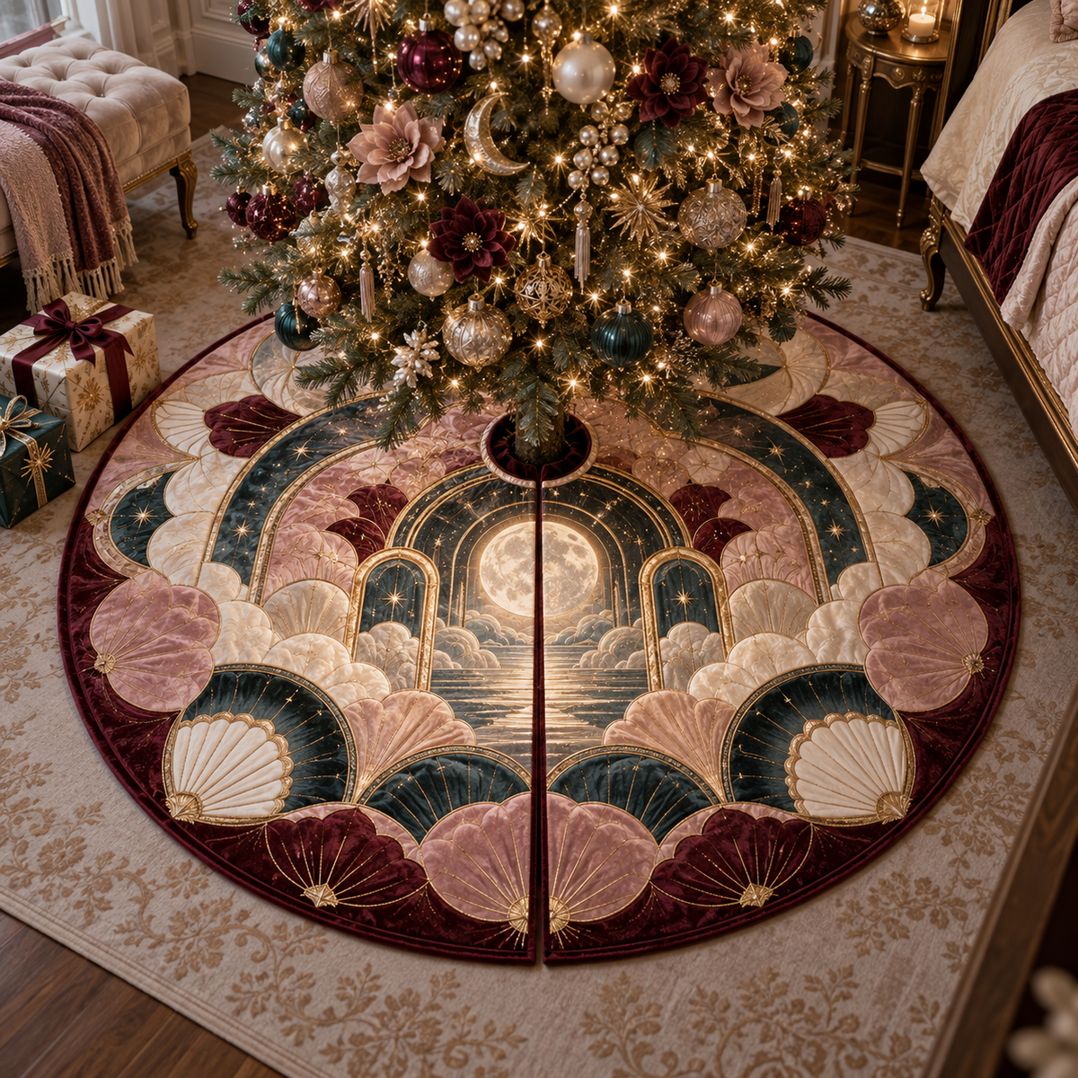 One tree skirt with an original Cosmos Gilded Mooncanopy Salon, layered flowers and luminous architectural depth.