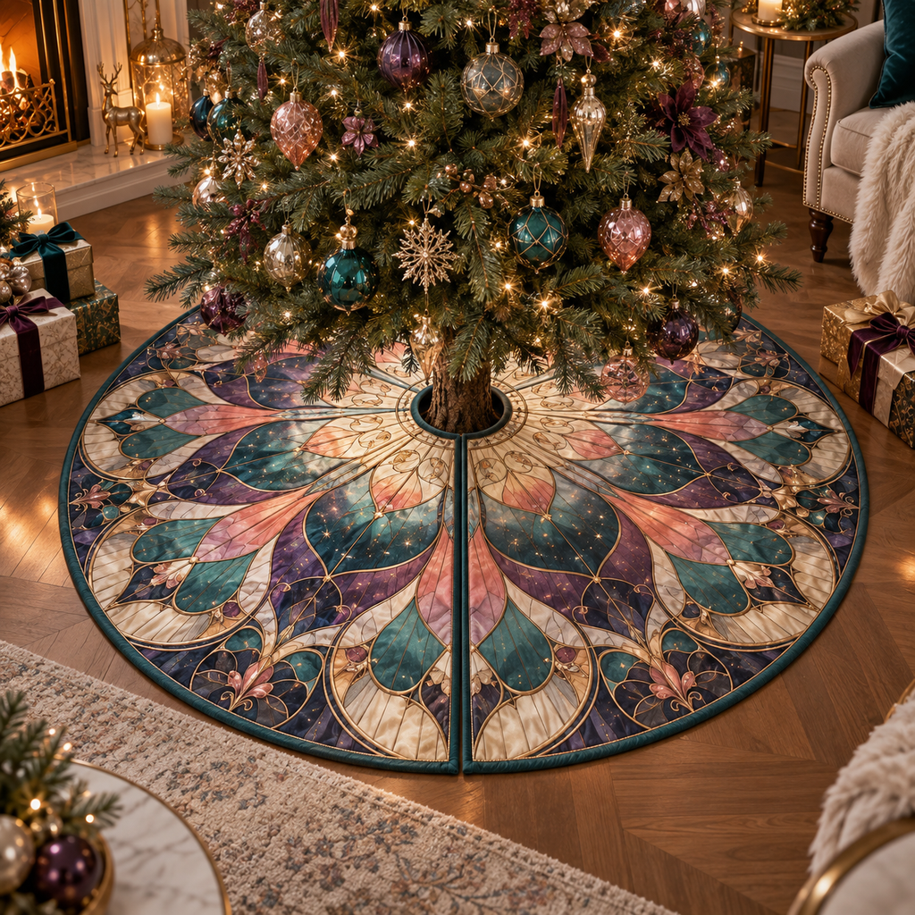 One tree skirt with an original Cosmos Prismglass Grand Salon, layered flowers and luminous architectural depth.