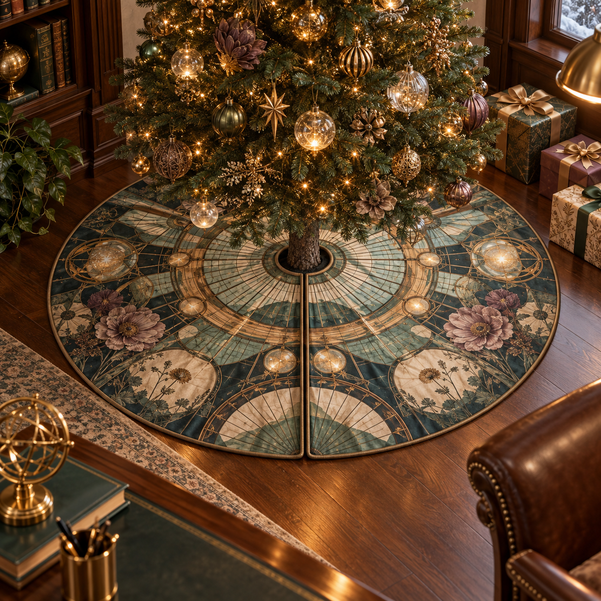 One tree skirt with an original Cosmos Lenslight Workroom, layered flowers and luminous botanical-studio depth.