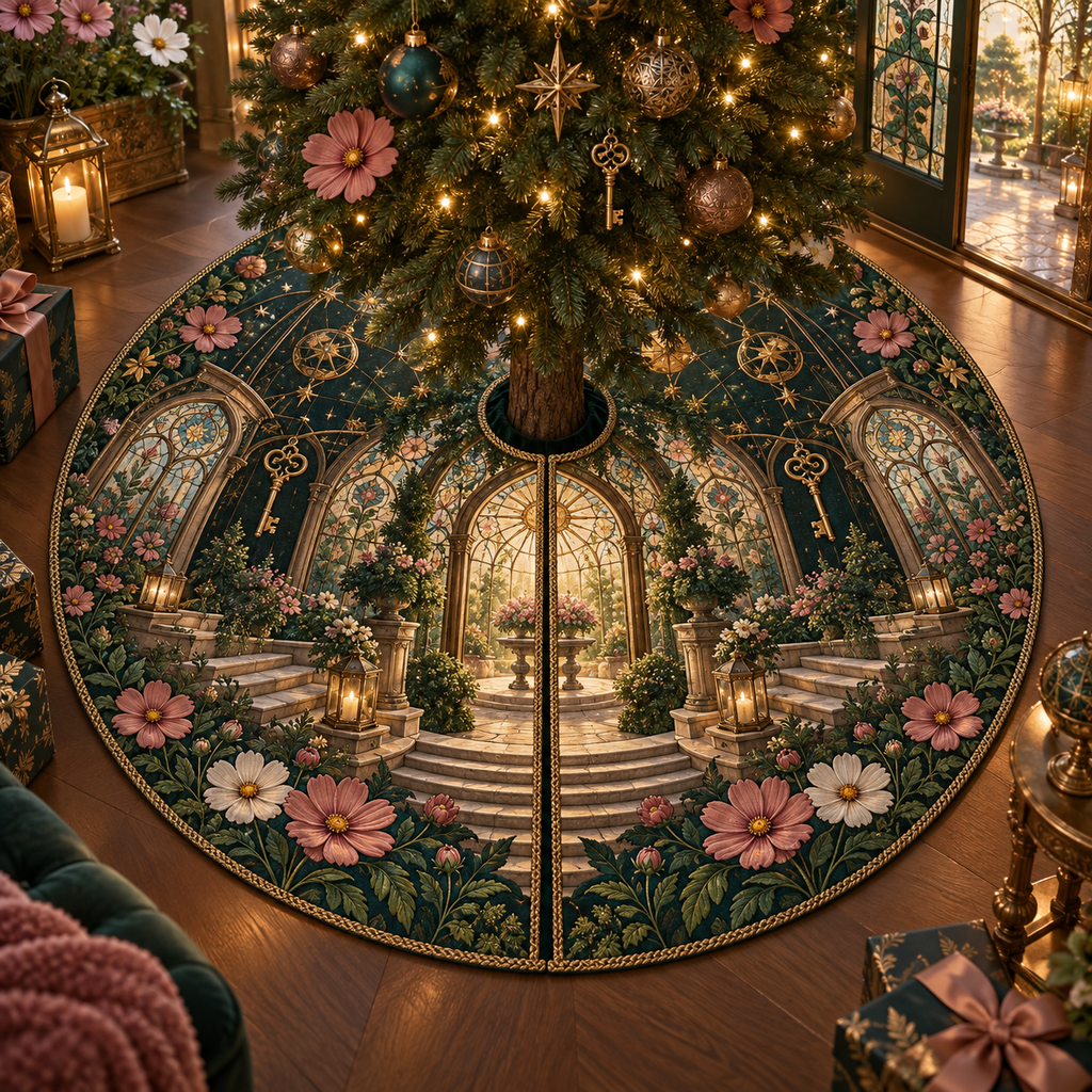 One tree skirt with an original Cosmos Hearthkey Conservatory, layered flowers and luminous botanical-studio depth.