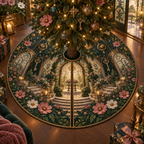 One tree skirt with an original Cosmos Hearthkey Conservatory, layered flowers and luminous botanical-studio depth.