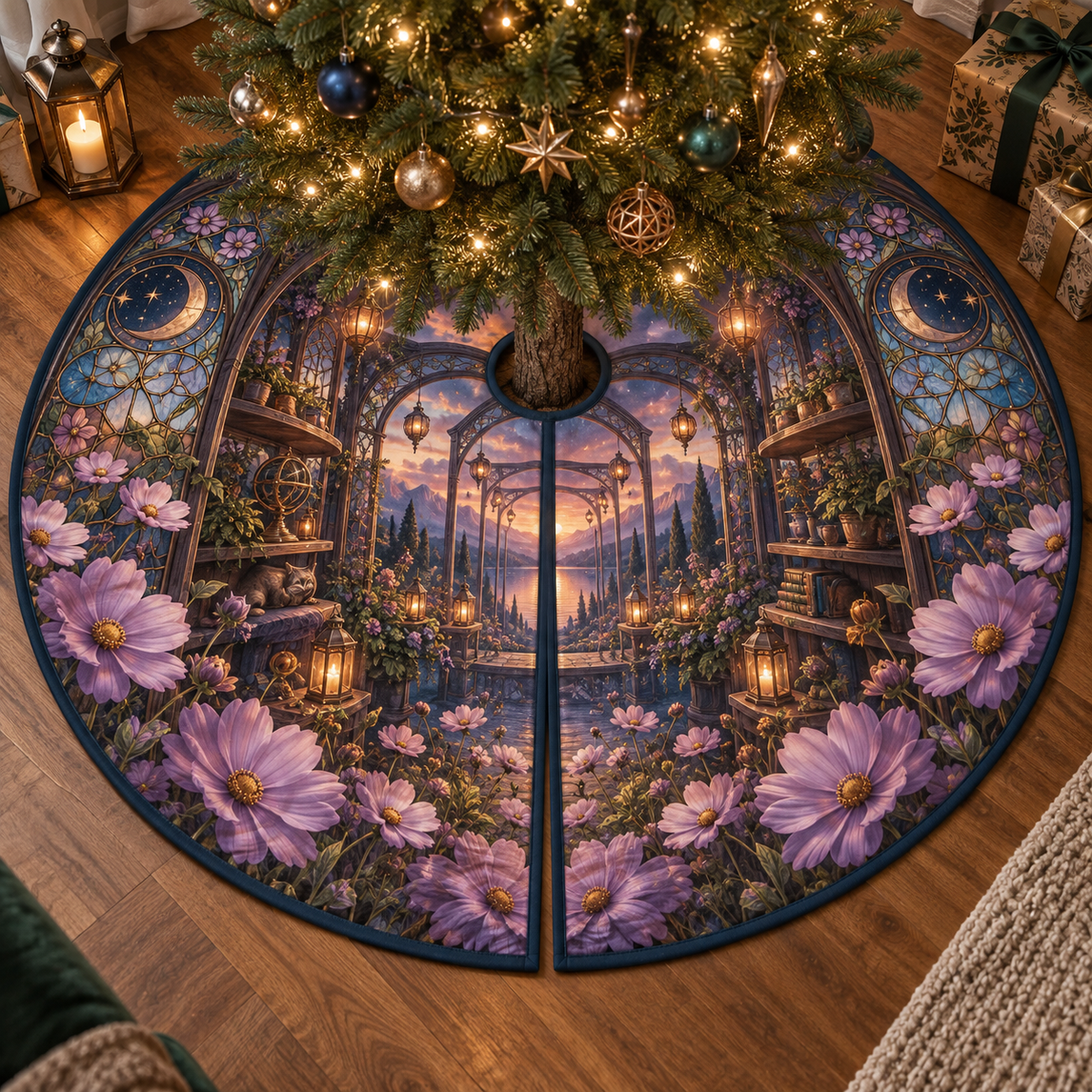 One tree skirt with an original Cosmos Sunhush Window Nook, layered flowers and luminous botanical-studio depth.