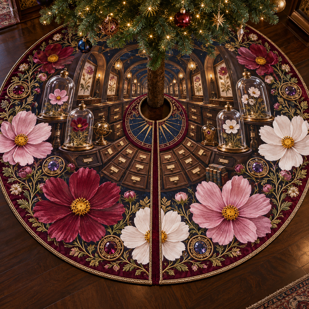 One tree skirt with an original Cosmos Curator Birthday Reliquary, specimen flowers and luminous collector-gallery depth.