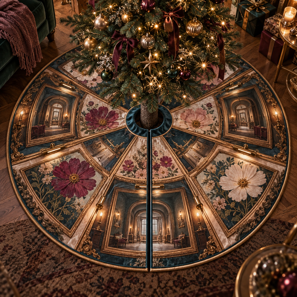 One tree skirt with an original Cosmos Floating Salon Gallery, specimen flowers and luminous collector-gallery depth.