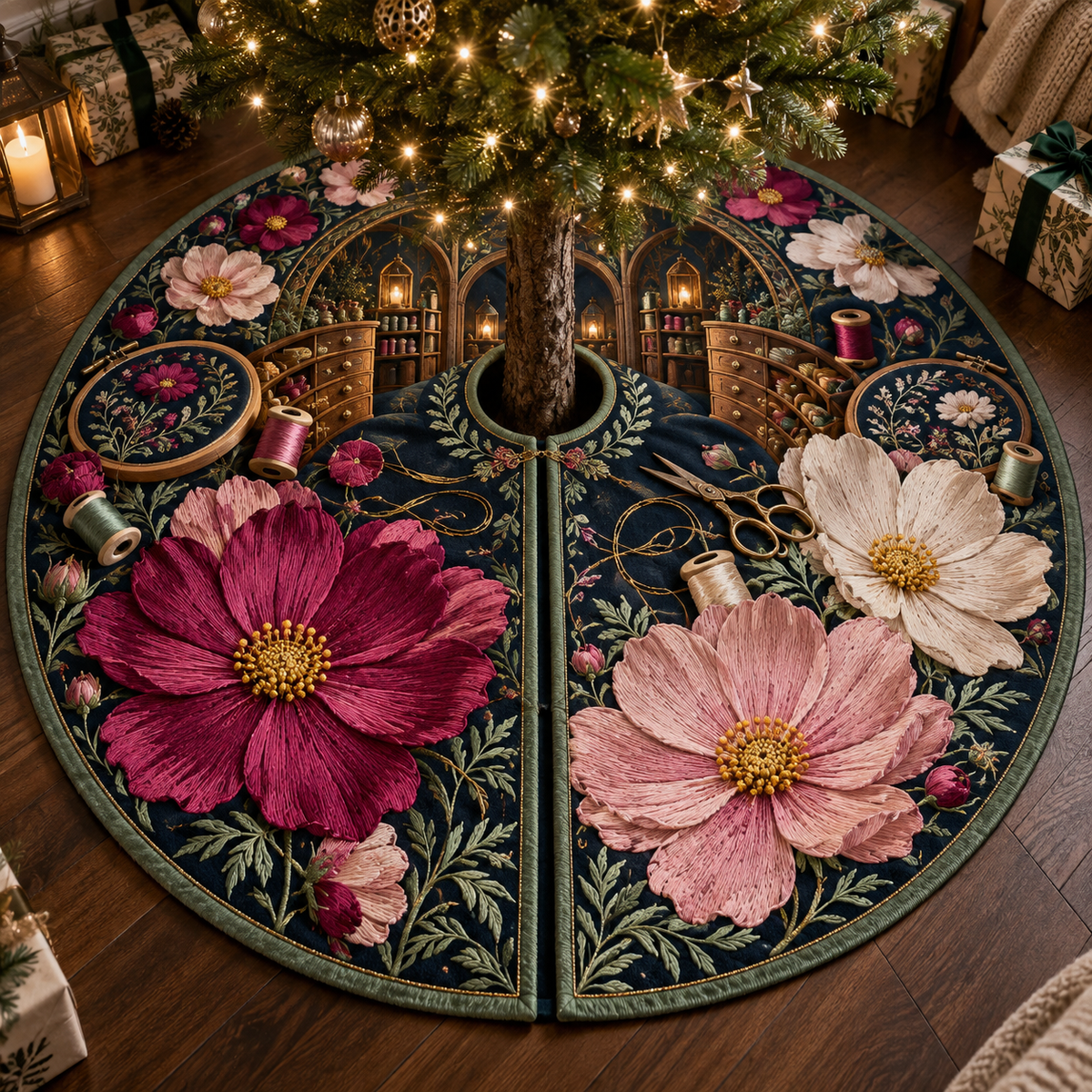 One tree skirt with an original Cosmos Threadlight Maker Atelier, specimen flowers and luminous collector-gallery depth.