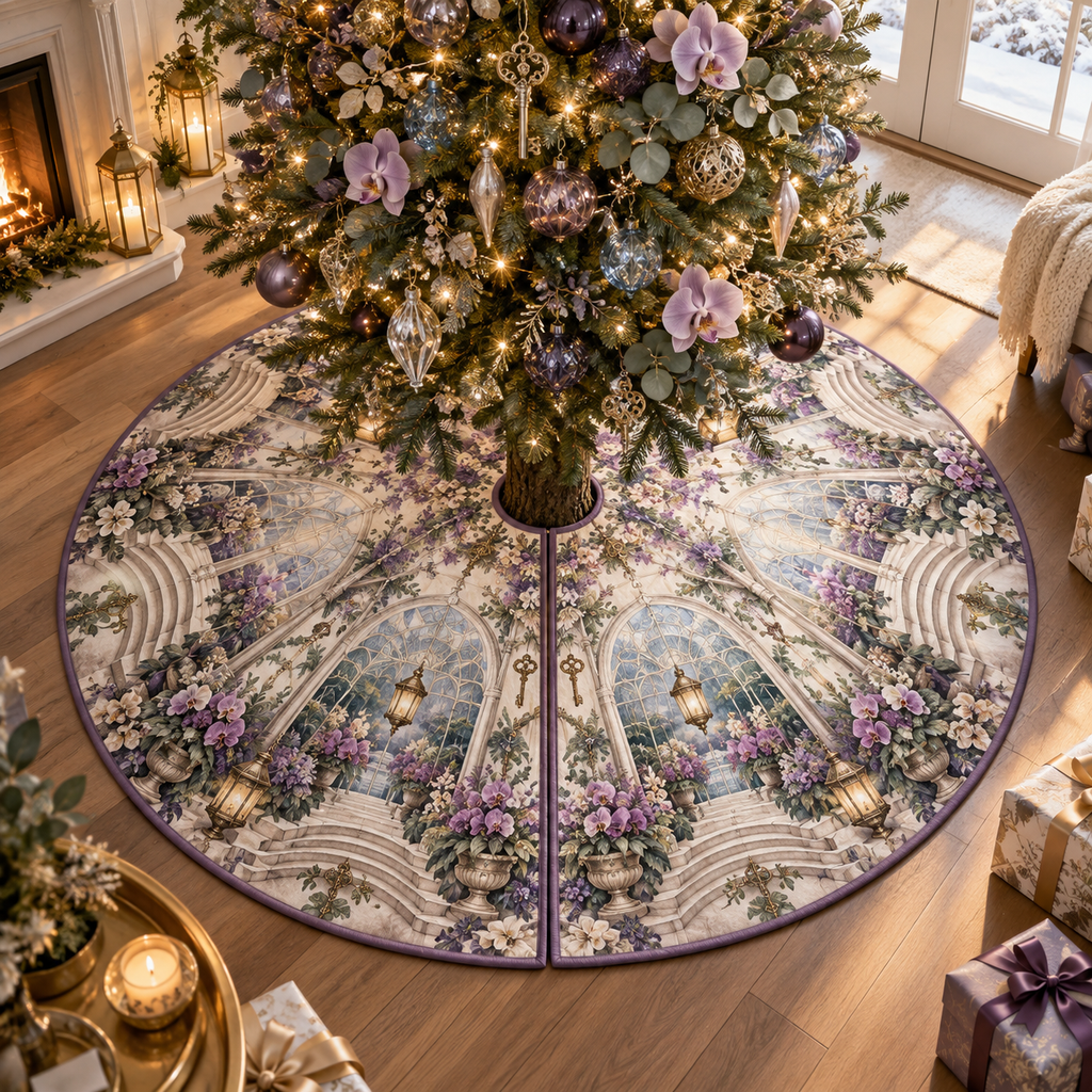 One tree skirt with an original Orchid Welcomeglass Atrium, layered flowers and luminous new-home depth.