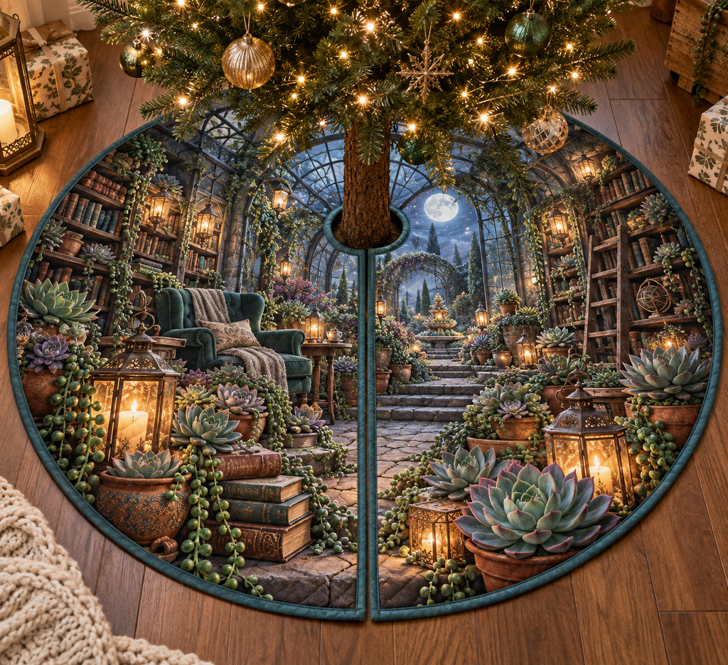 One tree skirt with an original Succulent Lanternleaf Reading Grotto and deep moonlit illusion.