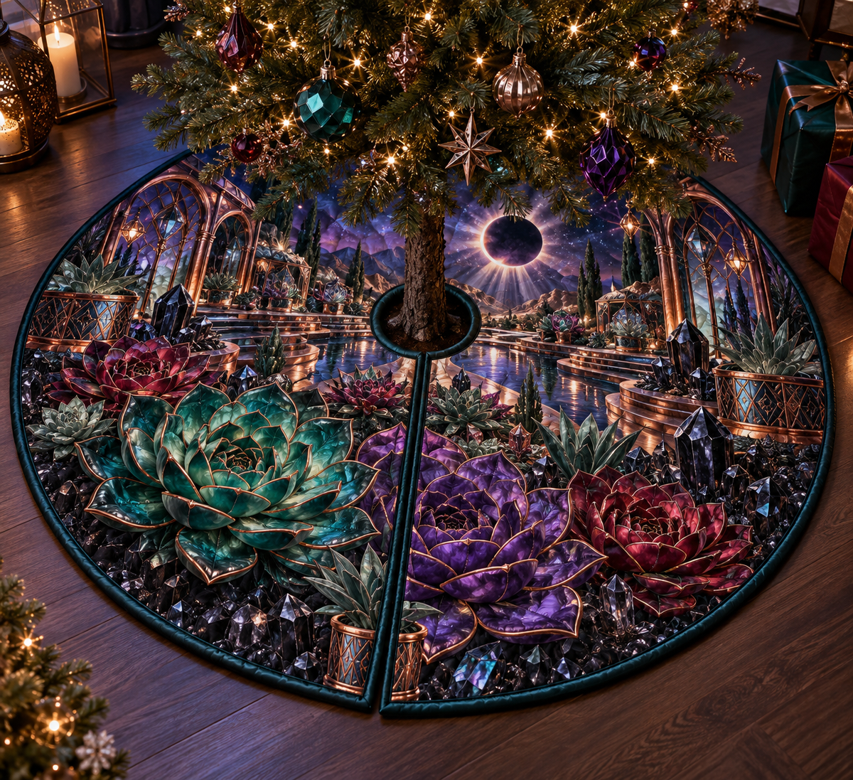 One tree skirt with an original Succulent Prism Eclipse Boudoir and deep jewel illusion.