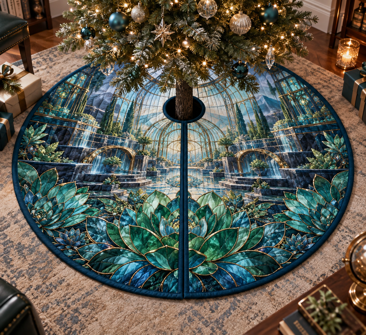 One tree skirt with an original Succulent Meridian Glasswork Study and deep biophilic illusion.